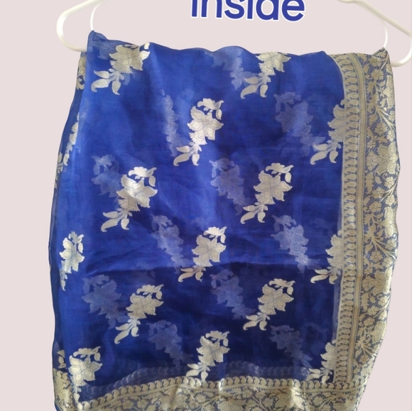 Dupatta Royal Light Blue Floral Silk Scarf 76'' L x 41'' W India Fancy Chiffon - Picture 3 of 10